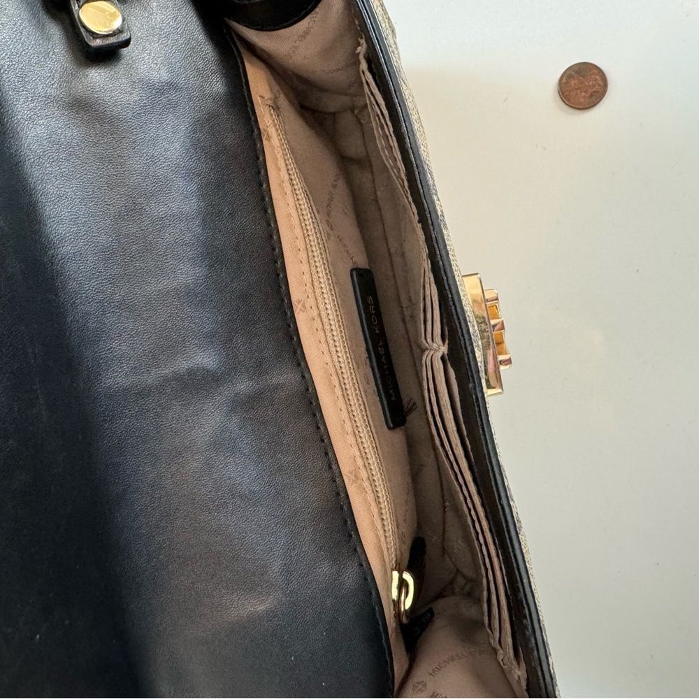 Michael Kors Crossbody Bag Black Brown MK Logo Leather Gold Chain Shoulder Bag - Picture 10 of 11